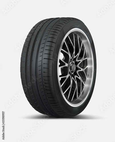 Tire car vector isolated on white background. 3D icon. Car summer wheel. Black rubber tire. Realistic detailed tire design. Aluminum wheel illustration. Car disk wheel. High quality. © Strajinsky