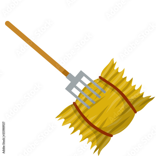 Yellow haystack and hayfork. Cartoon flat illustration. Rustic sheaf. countryside harvest of crop. Organic food and fork