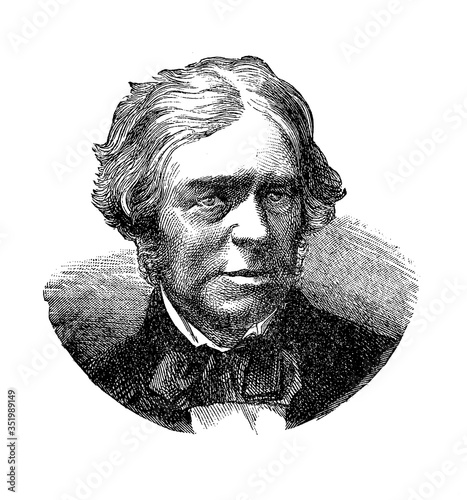 Engraving portrait of Michael Faraday (1791 - 1867), English scientist famous for his study of electromagnetism and electrochemistry and the discovery of the  laws of electrolysis. photo