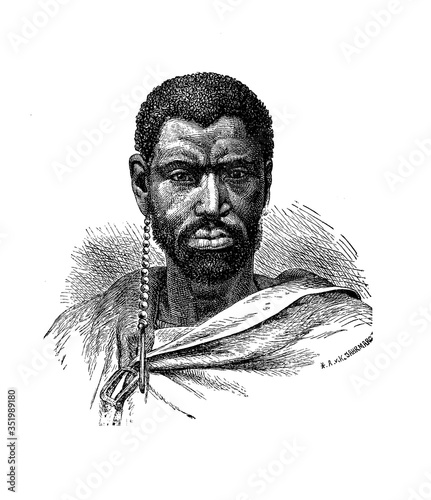 Engraving portrait of Mgolombane Sandile (1820–1878)  charismatic chief of some tribes of Xhosa nation, a Bantu ethnic group from Southern Africa in frontier wars against the British army. photo