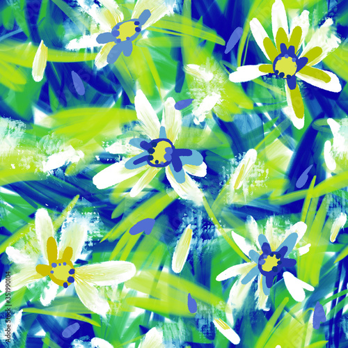 Expressive abstract floral seamless pattern with large daisy buds. Brush strokes oil painting. Hand drawn meadow flowers with lush foliage. Botanical illustration for fashion design, textile, fabric.
