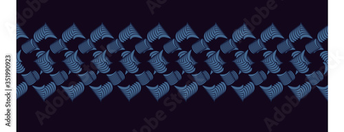 Seamless horizontal banner. Pattern of squares. Bracelets made of shells. Blue vector on purple background.