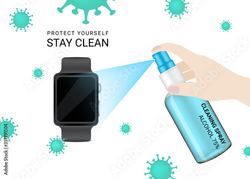 Glossy Spray Transparent Bottle with hygienic sanitizer Alcohol and Laptop For Corona Virus Protection Advertising. New Normal Background Illustration. Health Care and Medical concept design.