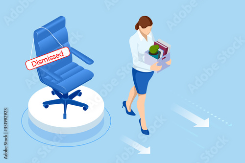 Unemployment, loss job, crisis, jobless and employee job reduction. Dismissed sad man carrying box with her things. Isometric vector illustration