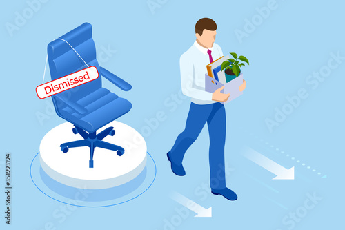 Unemployment, loss job, crisis, jobless and employee job reduction. Dismissed sad man carrying box with her things. Isometric vector illustration