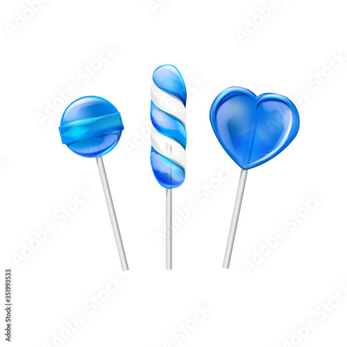 blue lollipops candy sweet isolated on white background. In the shape of heart-shaped spiral and ball