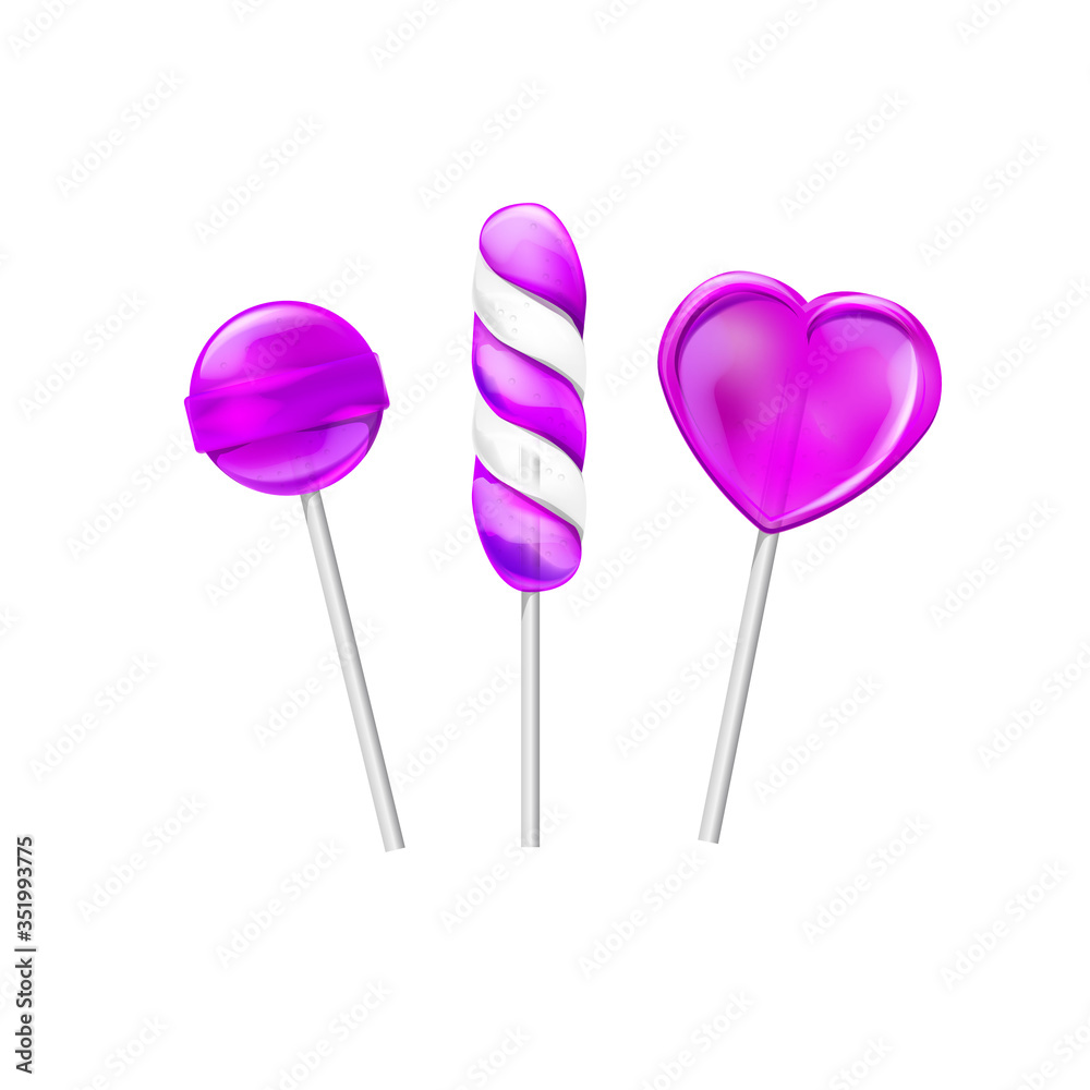 Purple lollipops candy sweet isolated on white background. In the shape of heart-shaped spiral and ball Purple lollipops candy sweet isolated on white background. In the shape of heart-shaped spiral and ball