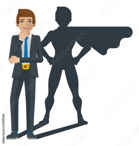 A super business man hero cartoon mascot whose shadow silhouette looks like a superhero businessman in a cape