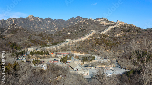 Badaling, panorama of the great Chinese wall built by hand in the mountains, wonder of the world.