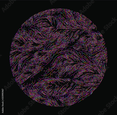 Generative Art with Random Perlin Noise Visualization. Conceptual image of high tech systems: Artificial Intelligence, Deep Learning, Neural networks and Internet Map.