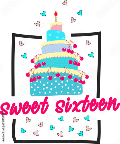 Blue cake with candle and cherry in frame with inscription sweet sixteen  
