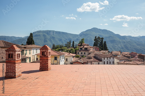 View of tuscan hills from roofs in Barga  Tuscany  Italy
