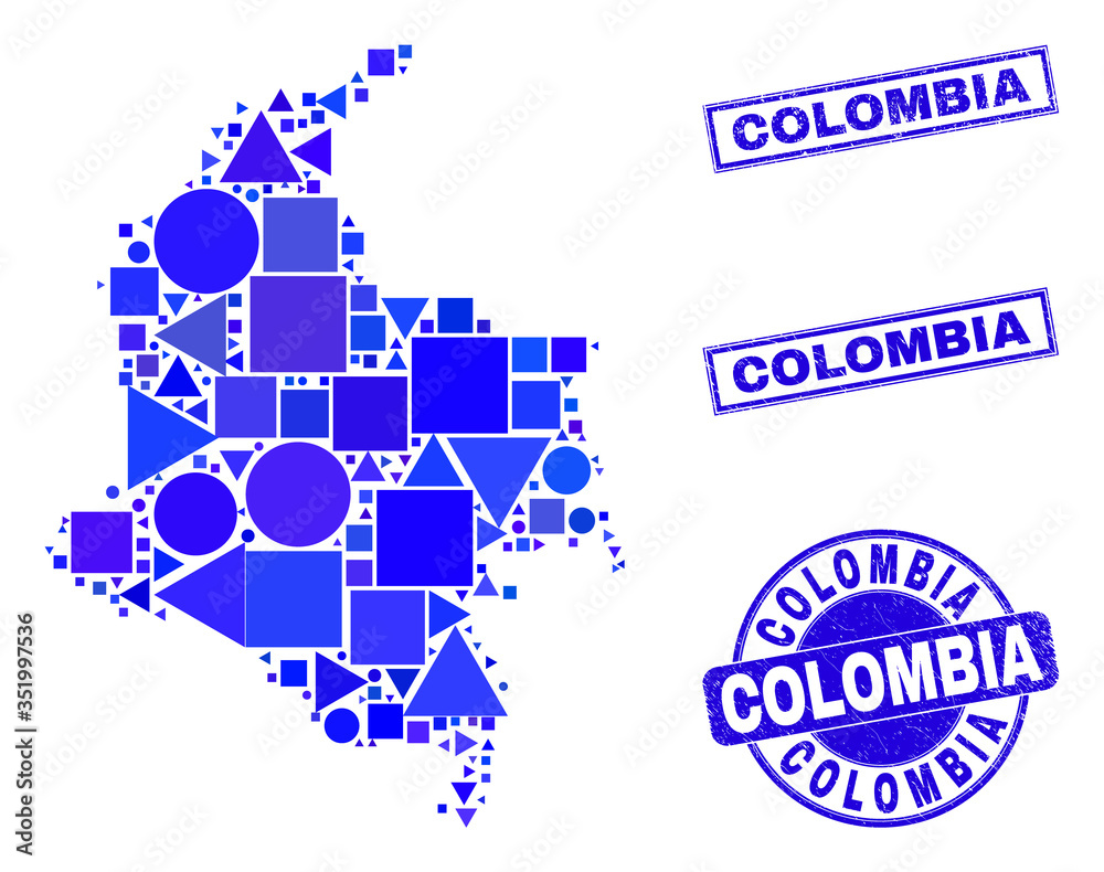 Vector mosaic Colombia map. Geographic collage in blue color tinges, and grunge round and rectangle seals. Abstract concept of Colombia map organized of round, triangles, square geometric elements. Vector mosaic Colombia map. Geographic collage in blue color tinges, and grunge round and rectangle seals. Abstract concept of Colombia map organized of round, triangles, square geometric elements.