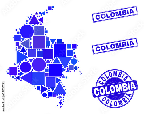 Vector mosaic Colombia map. Geographic collage in blue color tinges, and grunge round and rectangle seals. Abstract concept of Colombia map organized of round, triangles, square geometric elements.