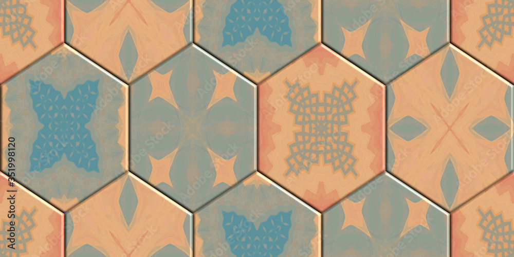 3d hexagon tile Design for ceramic tiles, majolica, watercolor .Tile acrylic painted seamless, Vintage Moroccan pattern use for wallpaper, web page background, textures & textile. 3D illustration 3d hexagon tile Design for ceramic tiles, majolica, watercolor .Tile acrylic painted seamless, Vintage Moroccan pattern use for wallpaper, web page background, textures & textile. 3D illustration