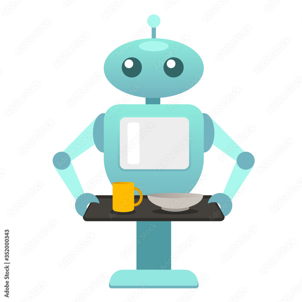 Robot with kitchen tray. Robot waiter