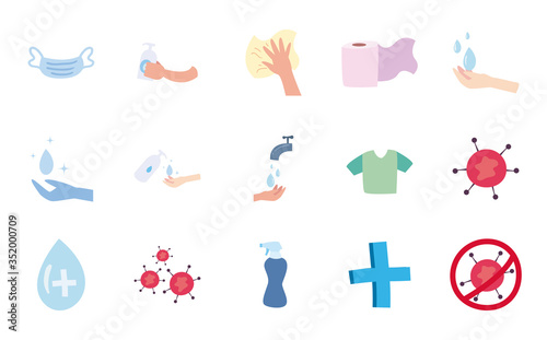 Medical care and covid 19 virus flat style icon set vector design