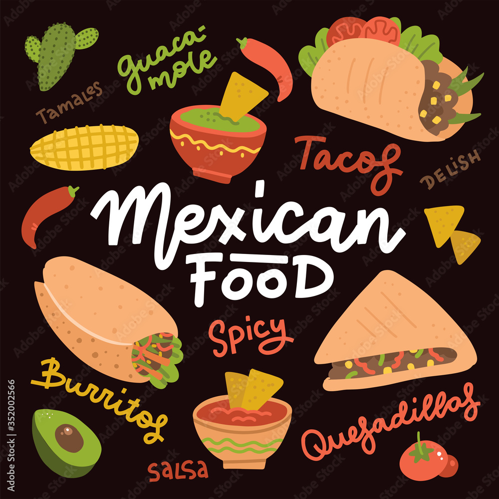 Mexican food set with traditional spicy dish. Tasty Mexican menu hot meal and chalkboard illustration, tacos, burrito, guacamole, salsa. Food hand drawn flat vactor elements with lettering text
