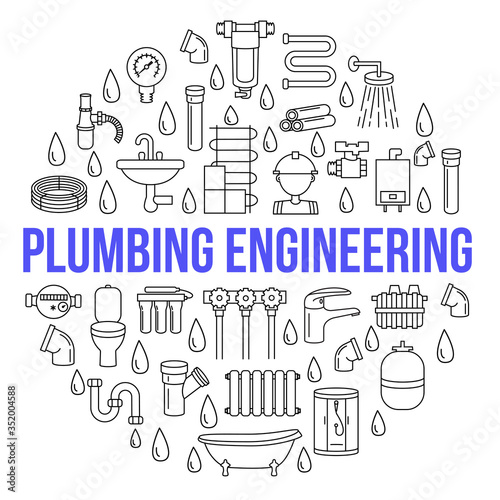 Circle banner with line icons of plumbing engineering and service on a white background. Template for plumbing store. In the center you can write any text. Concept for web posters and printed