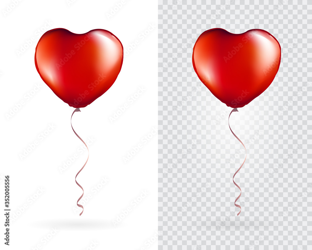 Set of Red Heart Shaped foil balloons on transparent white background. Party Balloons event design decoration. Mockup for balloon print. Vector.