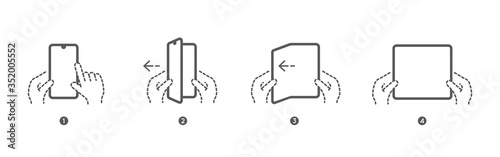Smart Phone Tablet with Foldable Screen. Step by step folding unfolding manual instructions. Vector Isolated.