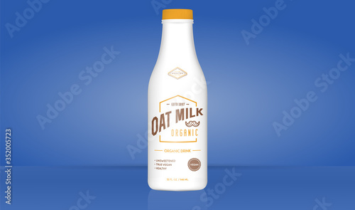 Oat Milk Oatmeal Bottle with Colorful Background. Healthy Organic Product. Vector Illustration. Advertising Template. Print.