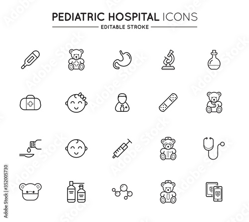Outline icons set. Pediatric hospital clinic and medical care. Editable stroke. Vector.