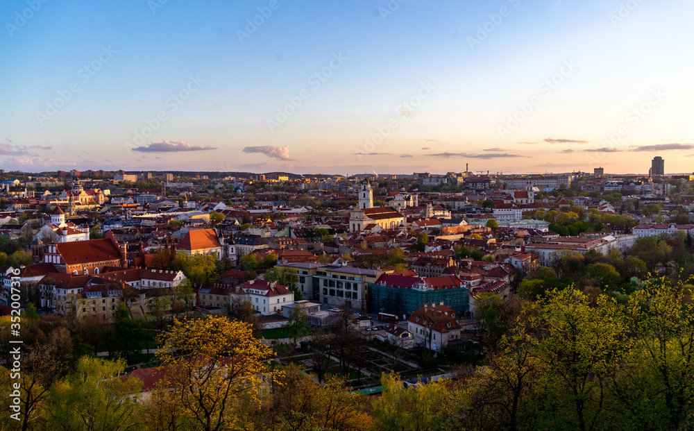 April 27, 2018 Vilnius, Lithuania. View of the old city of Vilnius from Three Cross Mountain.