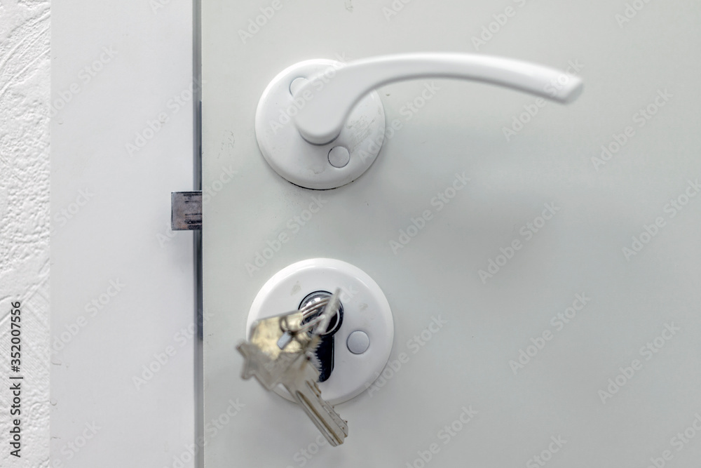 keys inserted into the lock. Keys in the keyhole. door and white handle. keys of steel. The door is ajar. reliable lock for the door. a picture of the castle and the keys. White keys inserted into the lock. Keys in the keyhole. door and white handle. keys of steel. The door is ajar. reliable lock for the door. a picture of the castle and the keys. White