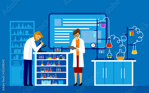 Scientists men and woman working at science lab. Chemical experiment lab testing flat vector illustration Scientists in white lab coats analyzing liquid in tubes lab cartoon characters