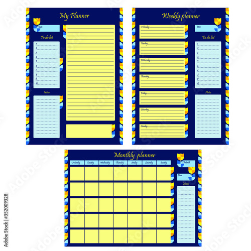 Set of business planner templates for month, week and personal. Blank page with design, ornament and flowers on a blue background. A sheet of paper with a place for notes. Business organizer. Statione