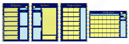 Package of planners: daily, weekly, monthly planner, to-do list, goals, note template. Blank page with design, ornament and flowers on a blue background. A sheet of paper with a place for notes. Busin