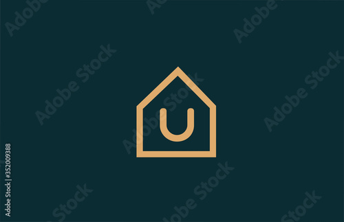 yellow U alphabet letter logo icon for company and business with house contour design