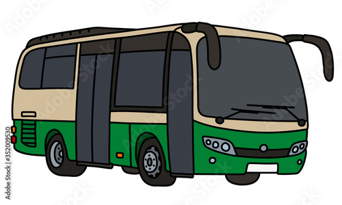 The vectorized hand drawing of a green and light beige bus