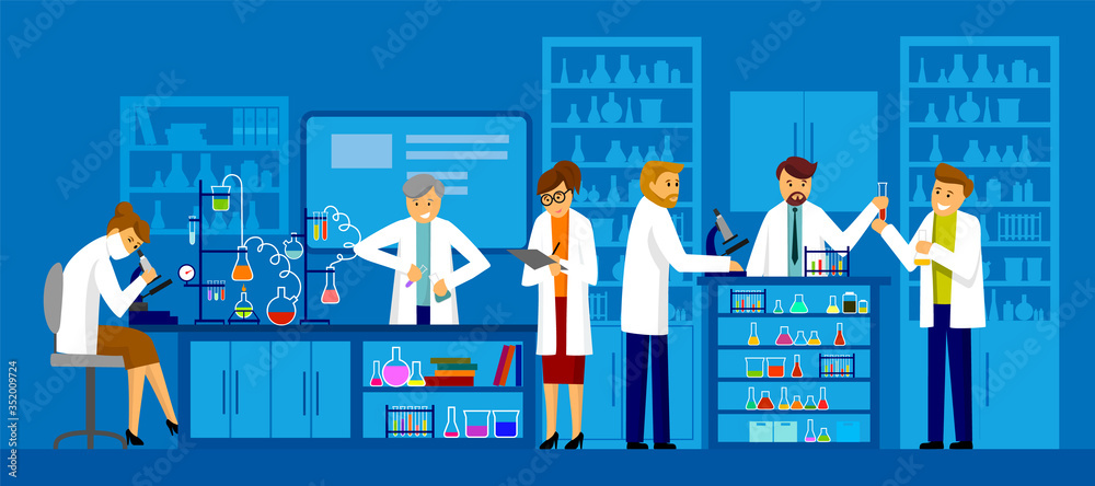 Illustration of group of scientists working at science lab Chemical experiment lab testing flat vector illustration Scientists in white coats analyzing liquid in tubes lab cartoon characters.Covid-19