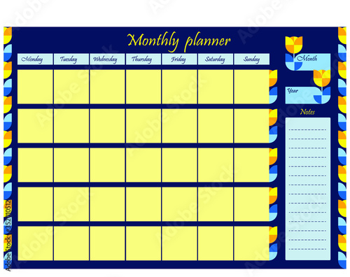 Daily affairs template for the month. Blank page with design, ornament and flowers on a blue background. A sheet of paper with a place for notes. Business organizer. vector illustration.