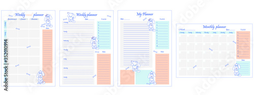 Package of planners: daily, weekly, monthly planner, food diary for the week, to-do list, goals, note template. Design and dogs. Business organizer. Vector illustration.