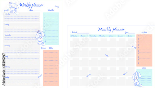 Two monthly and weekly business planner templates. Blank page with design, cute dogs and bones. A sheet of paper with a place for notes. Business organizer. Stationery for planning. Realistic vector i