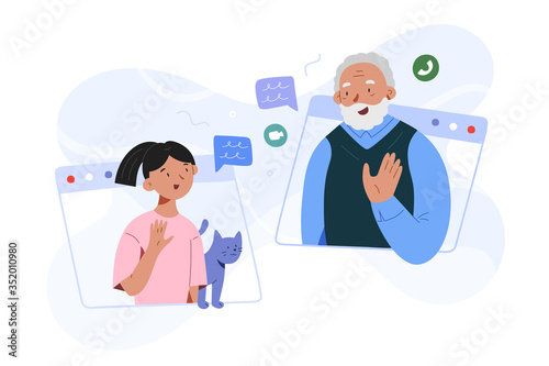 Girl granddaughter and grandpa video call, family video conference, grandchild toddler talking to grandfather via webcam, communication with old people during quarantine and self-isolation