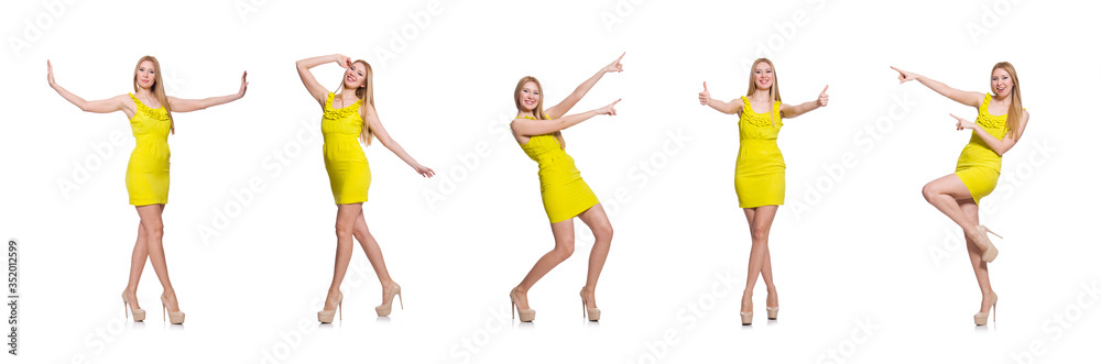 Pretty tall woman in short yellow dress isolated on white Pretty tall woman in short yellow dress isolated on white