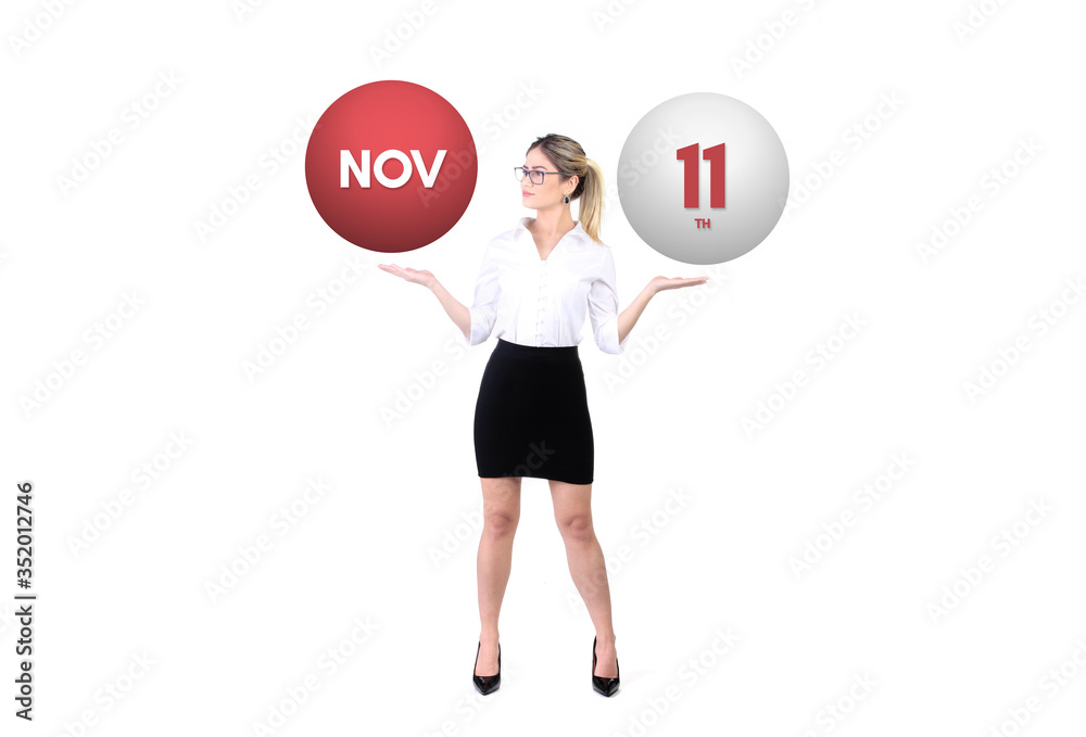 November 11th calendar background. Day 11 of nov month. Business woman holding 3d spheres. Modern concept. November 11th calendar background. Day 11 of nov month. Business woman holding 3d spheres. Modern concept.