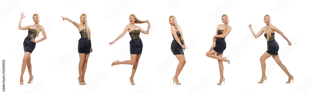 Model in strapless elegant dress isoalted on white Model in strapless elegant dress isoalted on white