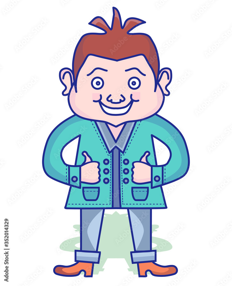 Vector drawing caricature of a funny man in bright clothes