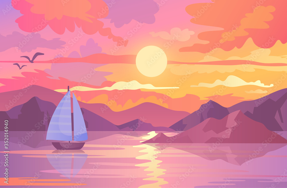 Colorful sunset scene with sailboat and birds against a mountainous landscape with reflection of the sun on the water, colored vector illustration