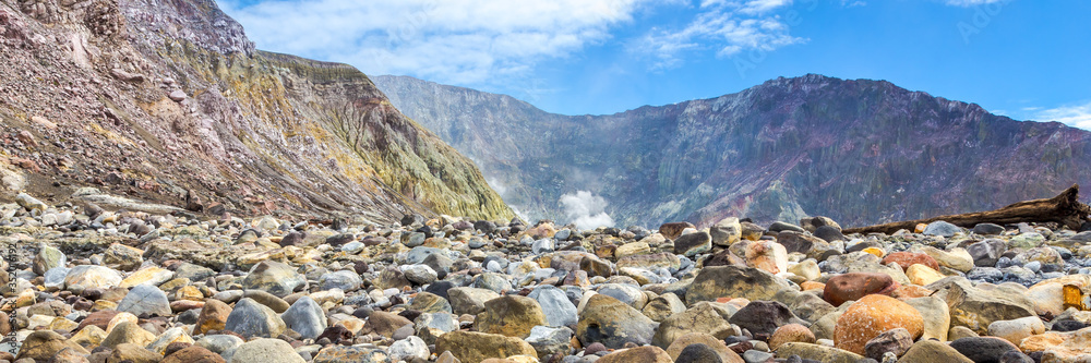 Active Volcano at White Island New Zealand. Volcanic Sulfur Crater Lake. Web banner Active Volcano at White Island New Zealand. Volcanic Sulfur Crater Lake. Web banner