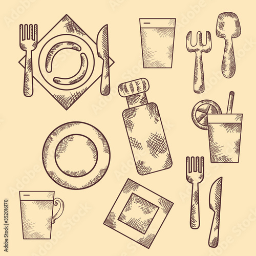 Hand drawn set of doodles icons. Vintage. Dishes, objects, appliances.