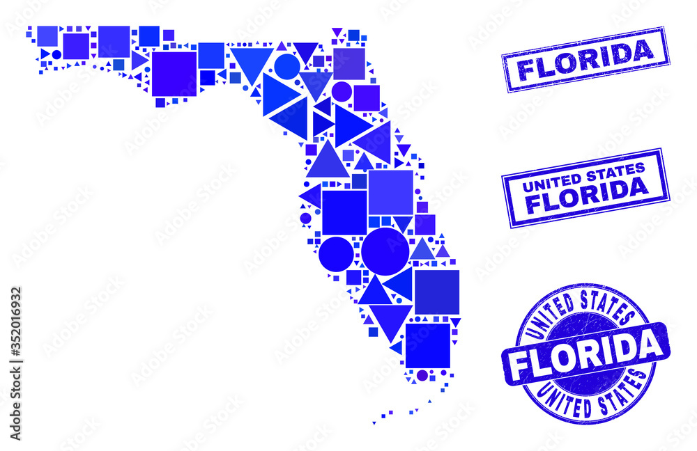 Vector mosaic Florida State map. Geographic collage in blue color