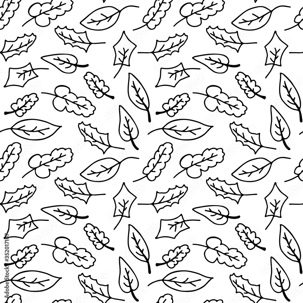 Obraz premium Different black contour leaves isolated on white background. Natural seamless pattern. Hand drawn vector graphic illustration. Texture.