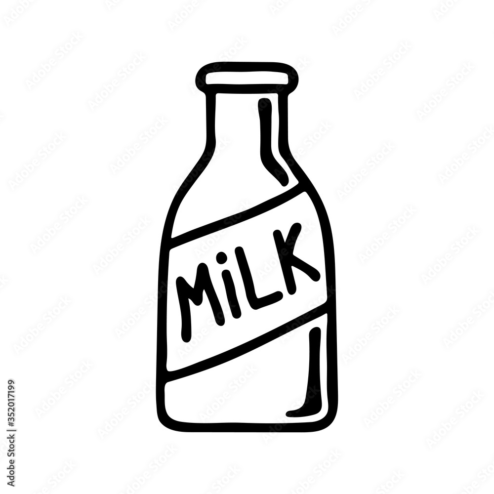 Bottle icon. Black contour silhouette. Vertical view. Hand drawn vector graphic illustration. Isolated object on a white background. Isolate.