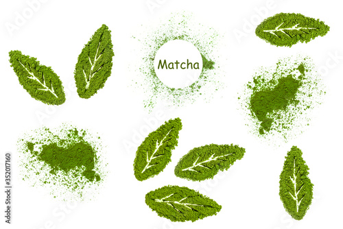 Heaps and leaves made of powdered matcha tea isolated on a white background.